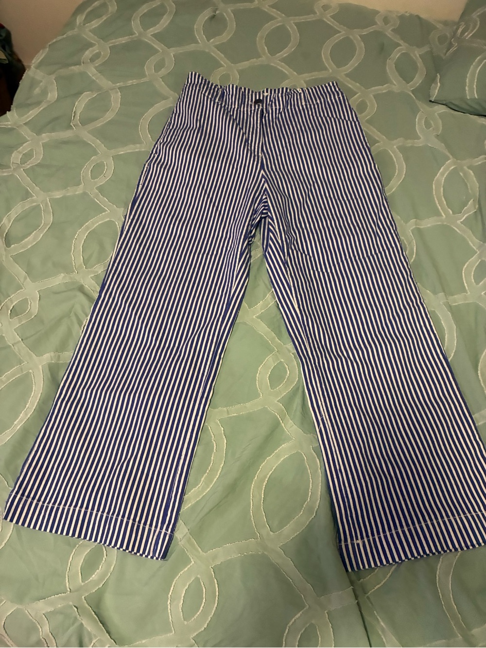 Nicole Miller Blue and White Striped Wide-Leg Pants